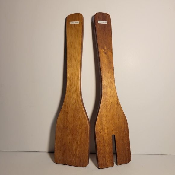 Unique Vintage Teak Wood Salad Serving Fork & Spoon Set Mid Century Modern MCM - Picture 2 of 2
